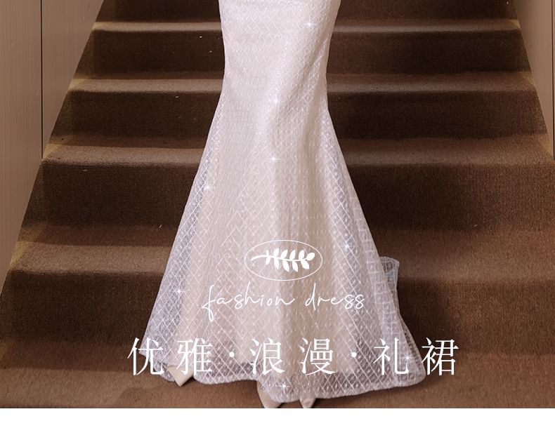 Gown Mermaid Beaded Short-Sleeve Trim Sequin Evening Ruffle