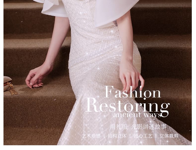 Gown Mermaid Beaded Short-Sleeve Trim Sequin Evening Ruffle