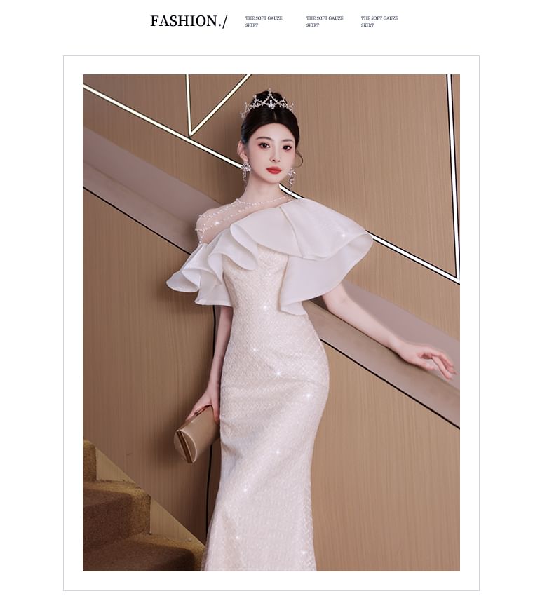 Beaded Sequin Mermaid Short-Sleeve Ruffle Gown Trim Evening