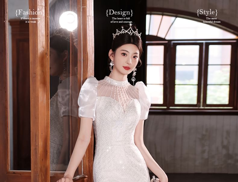 Wedding Gown Mermaid Beaded Short-Sleeve Sequin