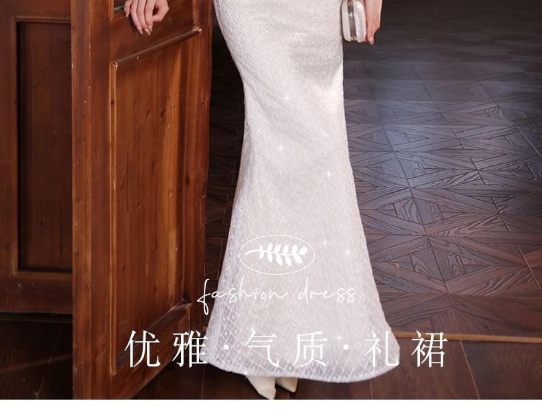 Short-Sleeve Mermaid Gown Wedding Beaded Sequin