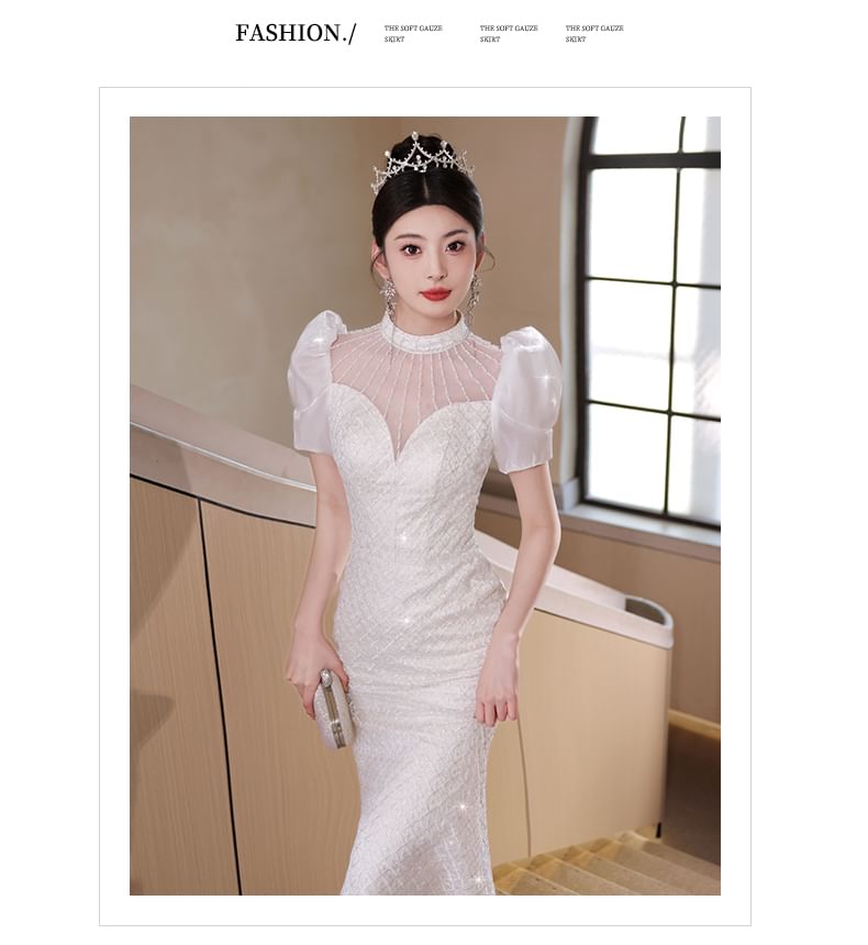 Wedding Gown Mermaid Beaded Short-Sleeve Sequin