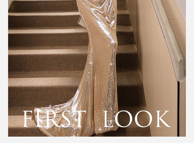 Cap-Sleeve Evening Sequin Off-Shoulder Sheath Gown