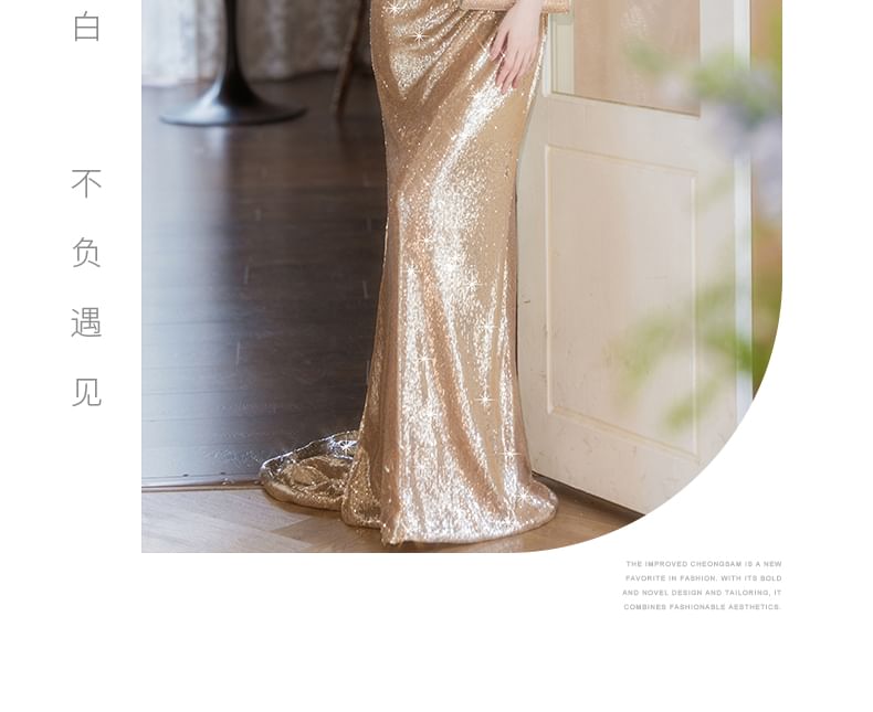 Cap-Sleeve Evening Sequin Off-Shoulder Sheath Gown