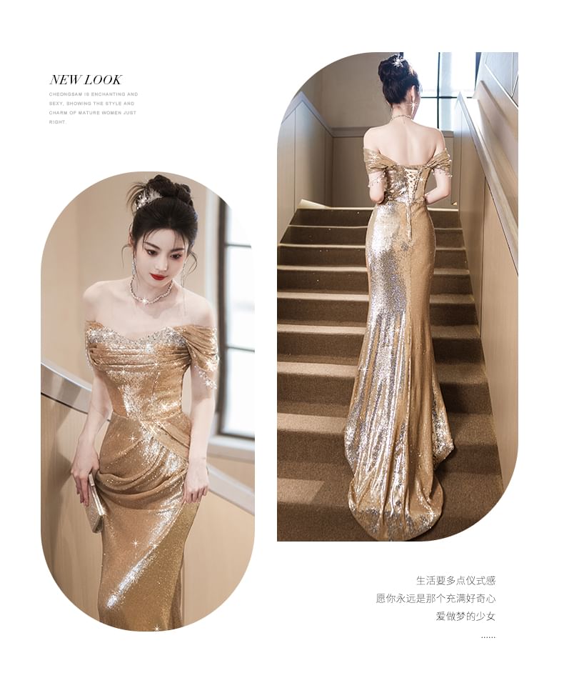 Sequin Off-Shoulder Cap-Sleeve Gown Sheath Evening
