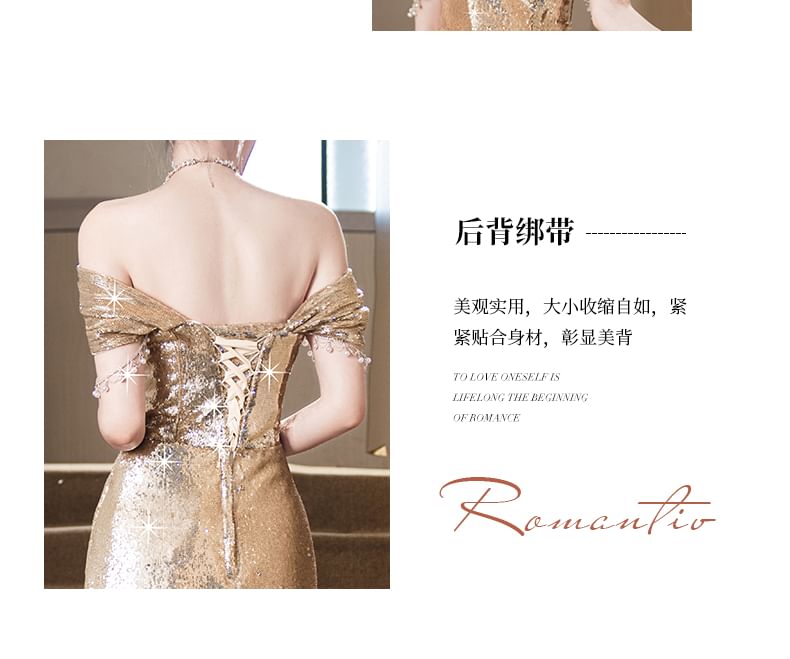 Cap-Sleeve Evening Sequin Off-Shoulder Sheath Gown