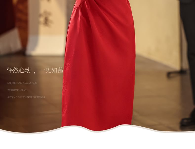 Beaded Wedding Cap-Sleeve Tassel Midi Qipao Jacquard Chinese