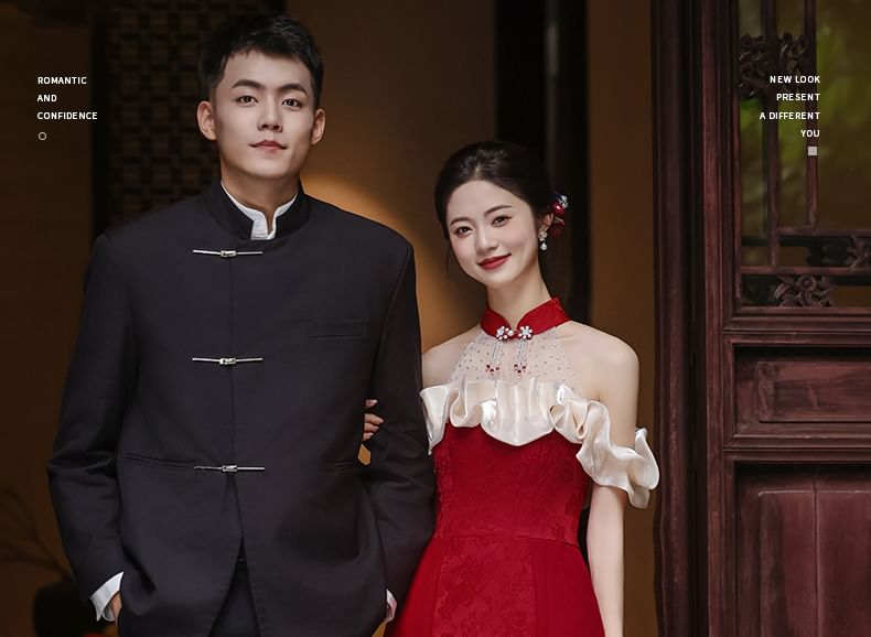 A-Line Cold-Shoulder Evening Asymmetrical Halter Mandarin Collar