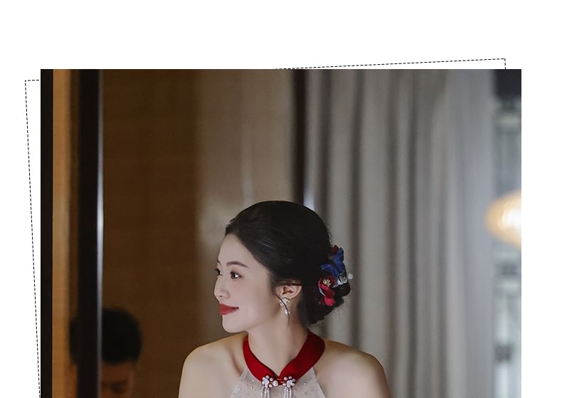 A-Line Cold-Shoulder Evening Asymmetrical Halter Mandarin Collar