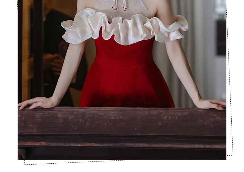 A-Line Cold-Shoulder Evening Asymmetrical Halter Mandarin Collar