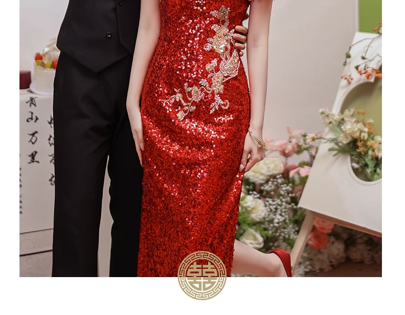 Short-Sleeve Sequin Midi Chinese Wedding Qipao Dress
