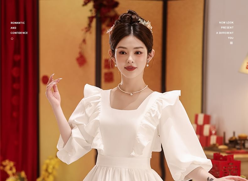 A-Line Square Neck Midi Ruffle Plain Cocktail Trim 3/4-Sleeve