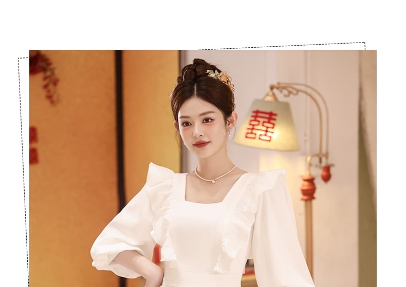 A-Line Square Neck Midi Ruffle Plain Cocktail Trim 3/4-Sleeve