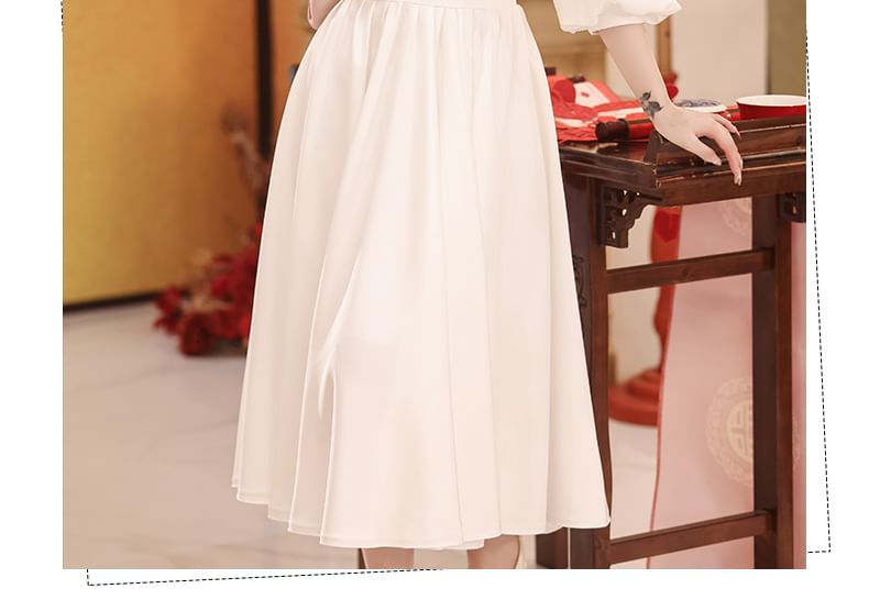 A-Line Square Neck Midi Ruffle Plain Cocktail Trim 3/4-Sleeve