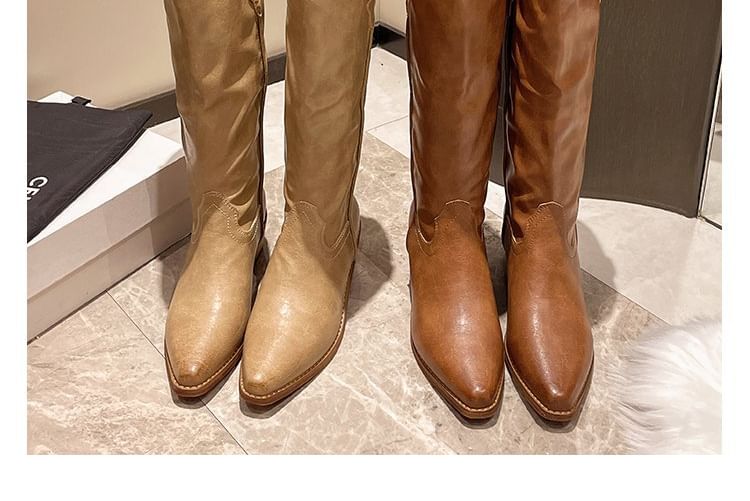 Faux Leather Chunky Boots Tall Heel