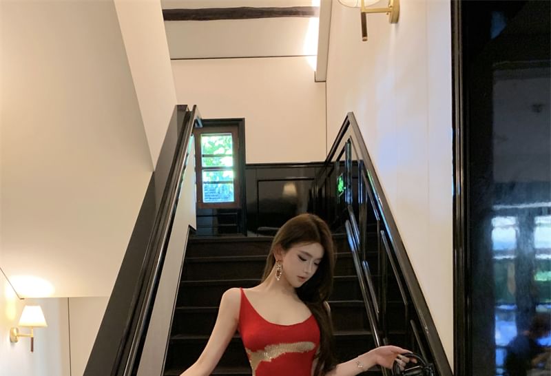 Sleeveless Bodycon Back Patterned Open Dress Scoop Neck Maxi