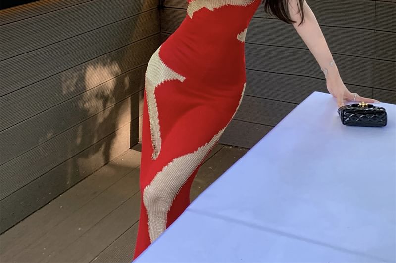 Sleeveless Bodycon Back Patterned Open Dress Scoop Neck Maxi