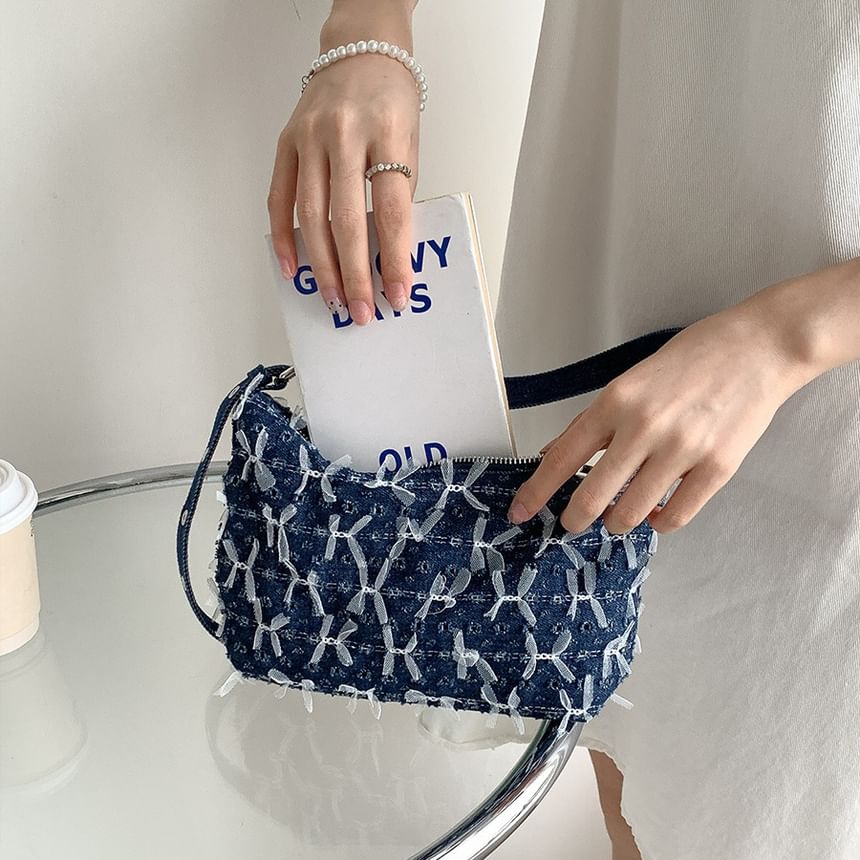 Denim Washed Shoulder Perforated Bow Bag