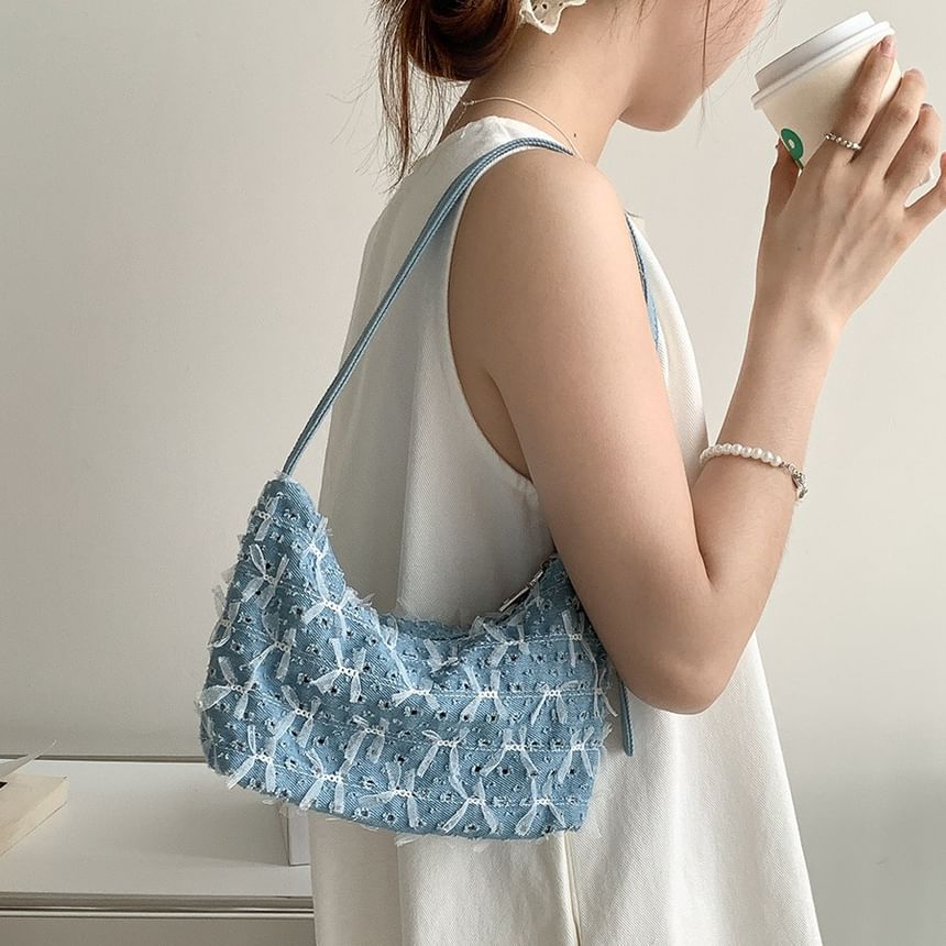 Denim Washed Shoulder Perforated Bow Bag