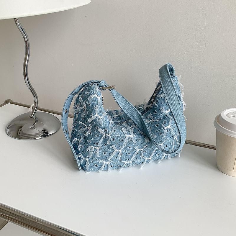 Denim Washed Shoulder Perforated Bow Bag