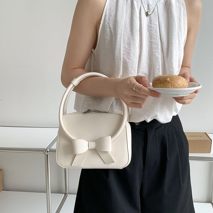 Leather Accent Bow Faux Handbag Plain