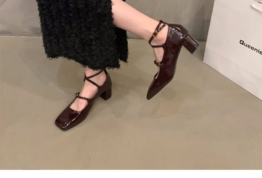Square-Toe Mary Jane Chunky Shoes Heel