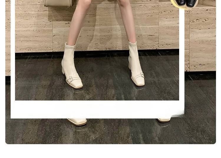 Square-Toe Buckled Heel Short Chunky Boots
