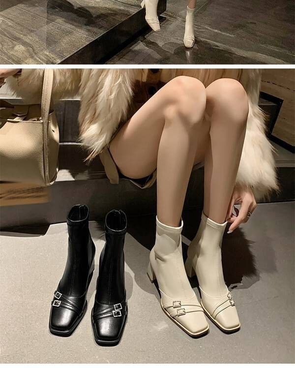 Square-Toe Buckled Heel Short Chunky Boots
