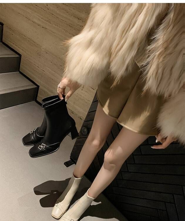 Square-Toe Buckled Heel Short Chunky Boots