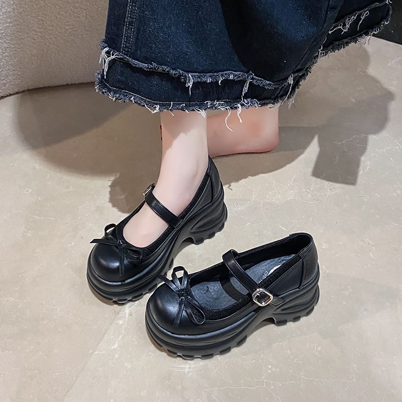 Faux Bow Mary Accent Platform Shoes Leather Jane