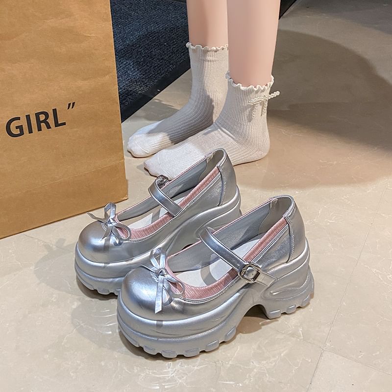 Faux Bow Mary Accent Platform Shoes Leather Jane