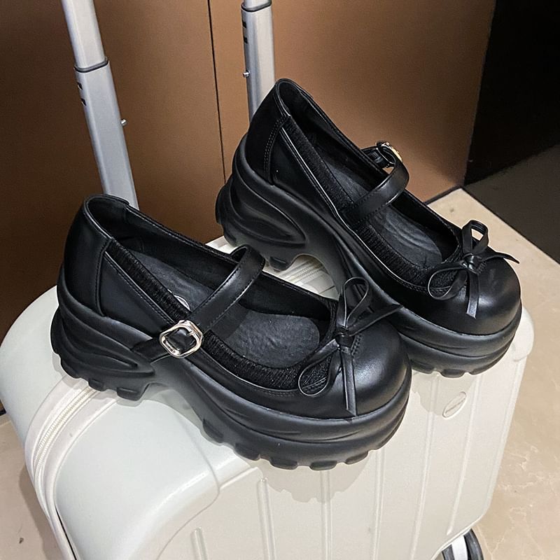Faux Bow Mary Accent Platform Shoes Leather Jane