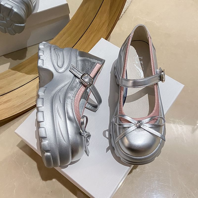 Faux Bow Mary Accent Platform Shoes Leather Jane