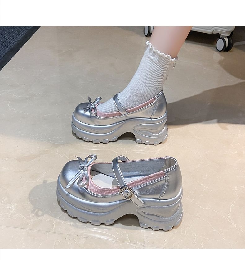 Faux Bow Mary Accent Platform Shoes Leather Jane