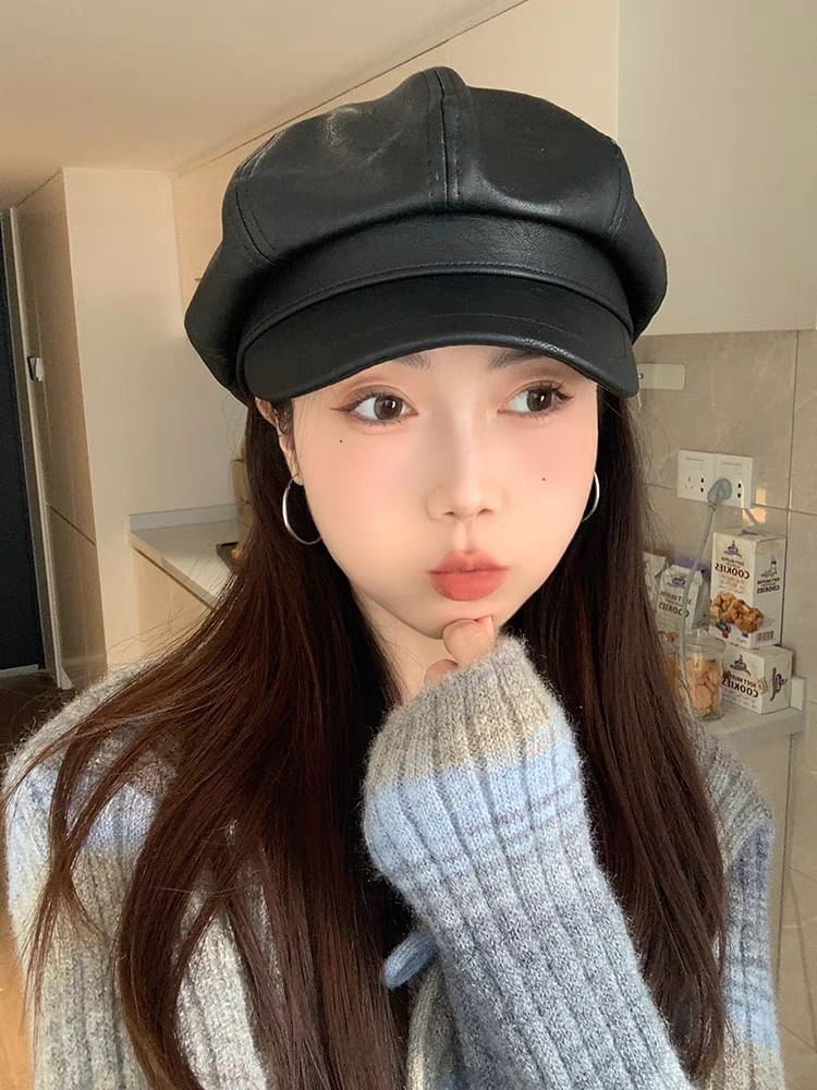 Faux Cap Plain Leather Newsboy