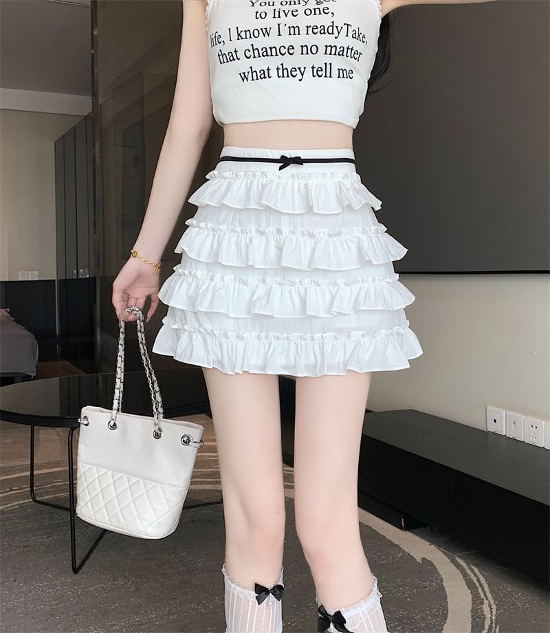 Mini A-Line Skirt Rise Bow High Tiered