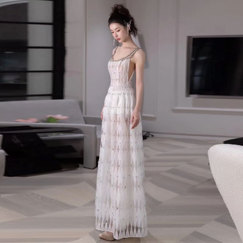 Gown Spaghetti Argyle Rhinestone Pattern A-Line Evening Strap