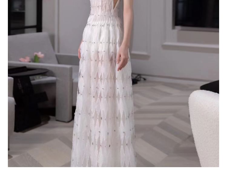 Gown Spaghetti Argyle Rhinestone Pattern A-Line Evening Strap