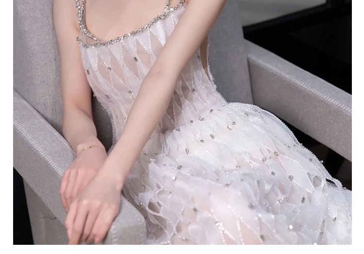 Gown Spaghetti Argyle Rhinestone Pattern A-Line Evening Strap