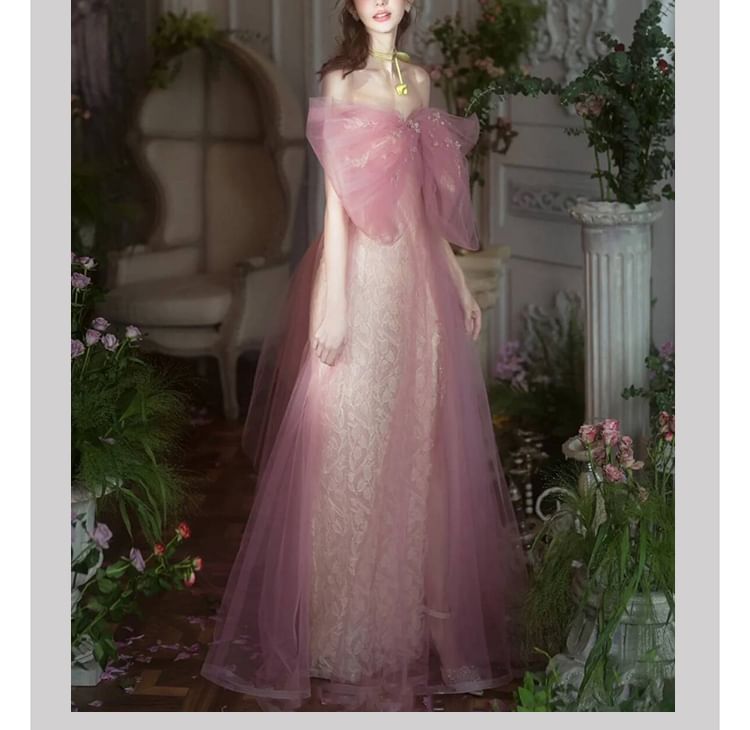 Gown A-Line Evening Bow Off-Shoulder