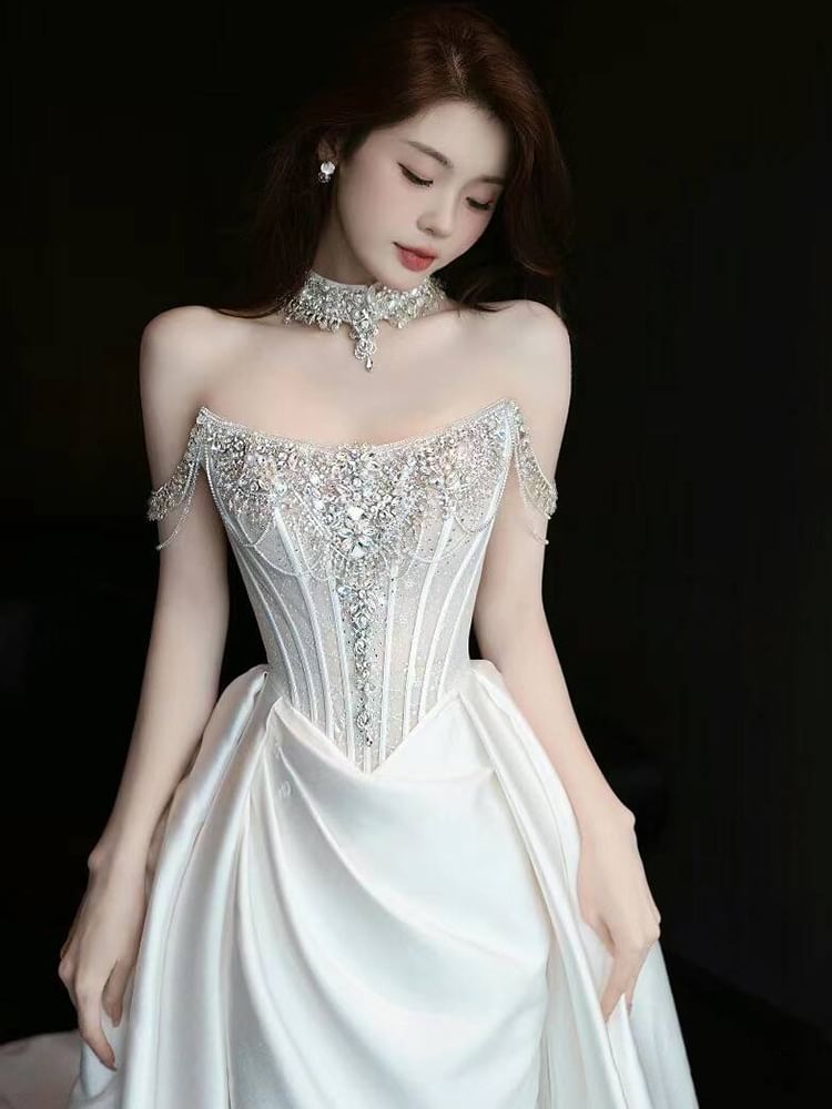 Off-Shoulder A-Line Rhinestone Evening Gown