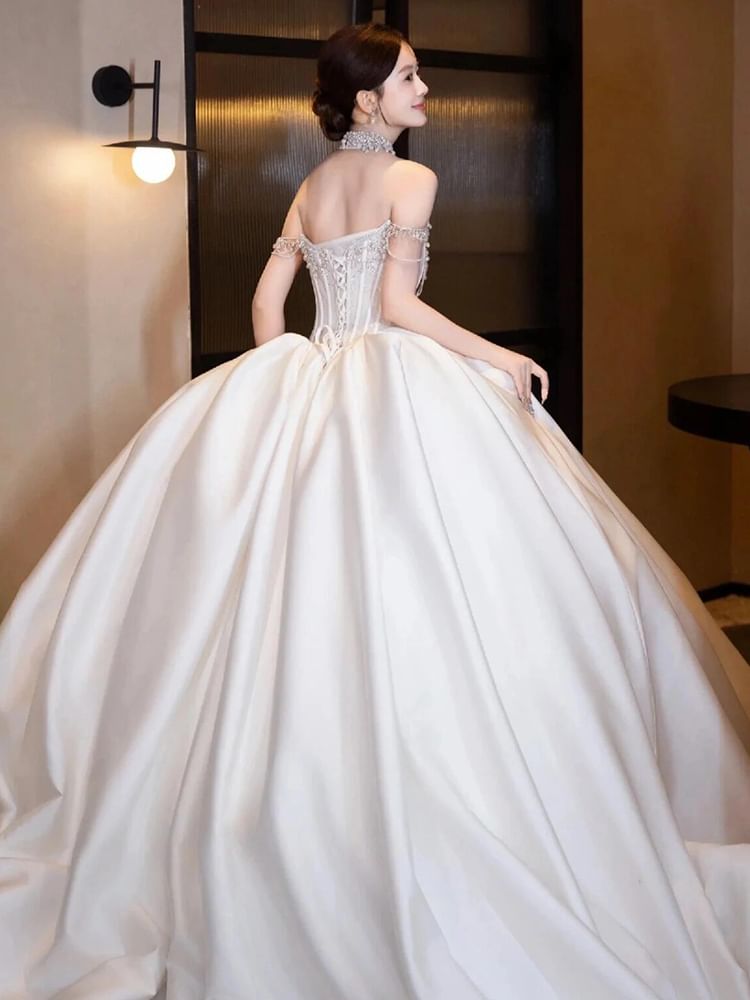 Off-Shoulder A-Line Rhinestone Evening Gown