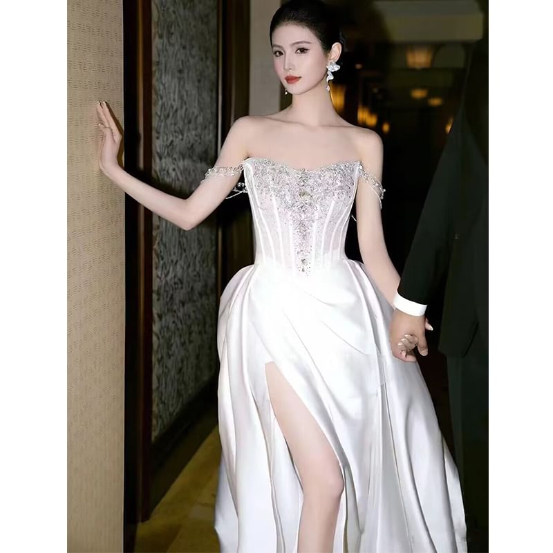 Off-Shoulder A-Line Rhinestone Evening Gown