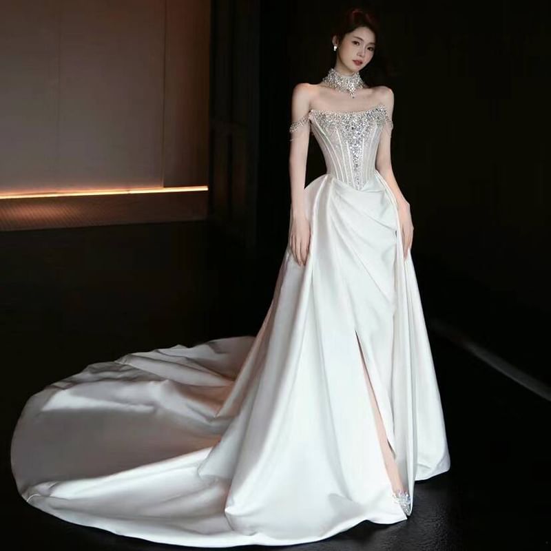 Off-Shoulder A-Line Rhinestone Evening Gown