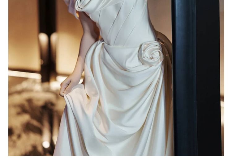 Shirred Satin Floral Gown A-Line Off-Shoulder Wedding