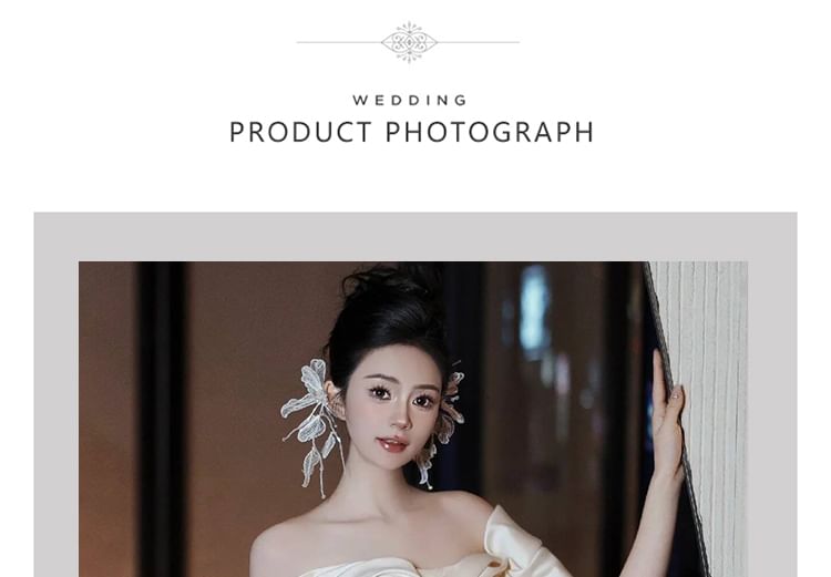 Shirred Satin Floral Gown A-Line Off-Shoulder Wedding