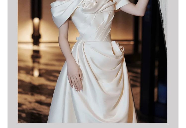 Shirred Satin Floral Gown A-Line Off-Shoulder Wedding