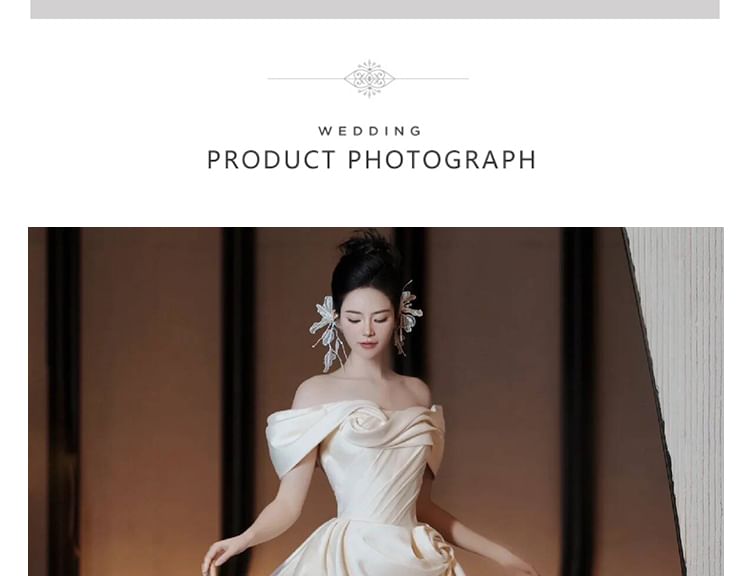 Shirred Satin Floral Gown A-Line Off-Shoulder Wedding