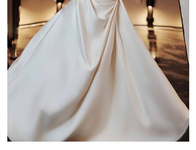 Shirred Satin Floral Gown A-Line Off-Shoulder Wedding