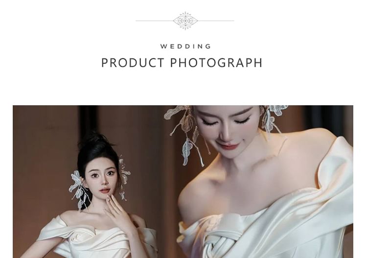 Shirred Satin Floral Gown A-Line Off-Shoulder Wedding